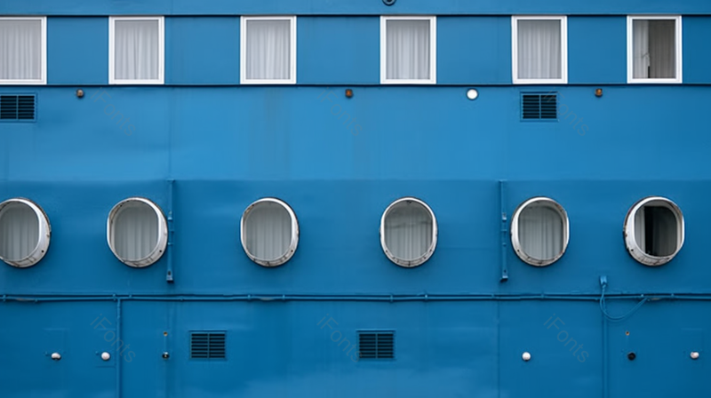 蓝色的货船游轮船舷窗船侧的方形和圆形小窗户,高清,摄影图,摄影图片,图片大全,摄影图免费下载